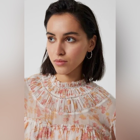 NEW FRENCH CONNECTION- Flowy Mock Neck Blouse with sheer arms in floral print - Picture 5 of 10